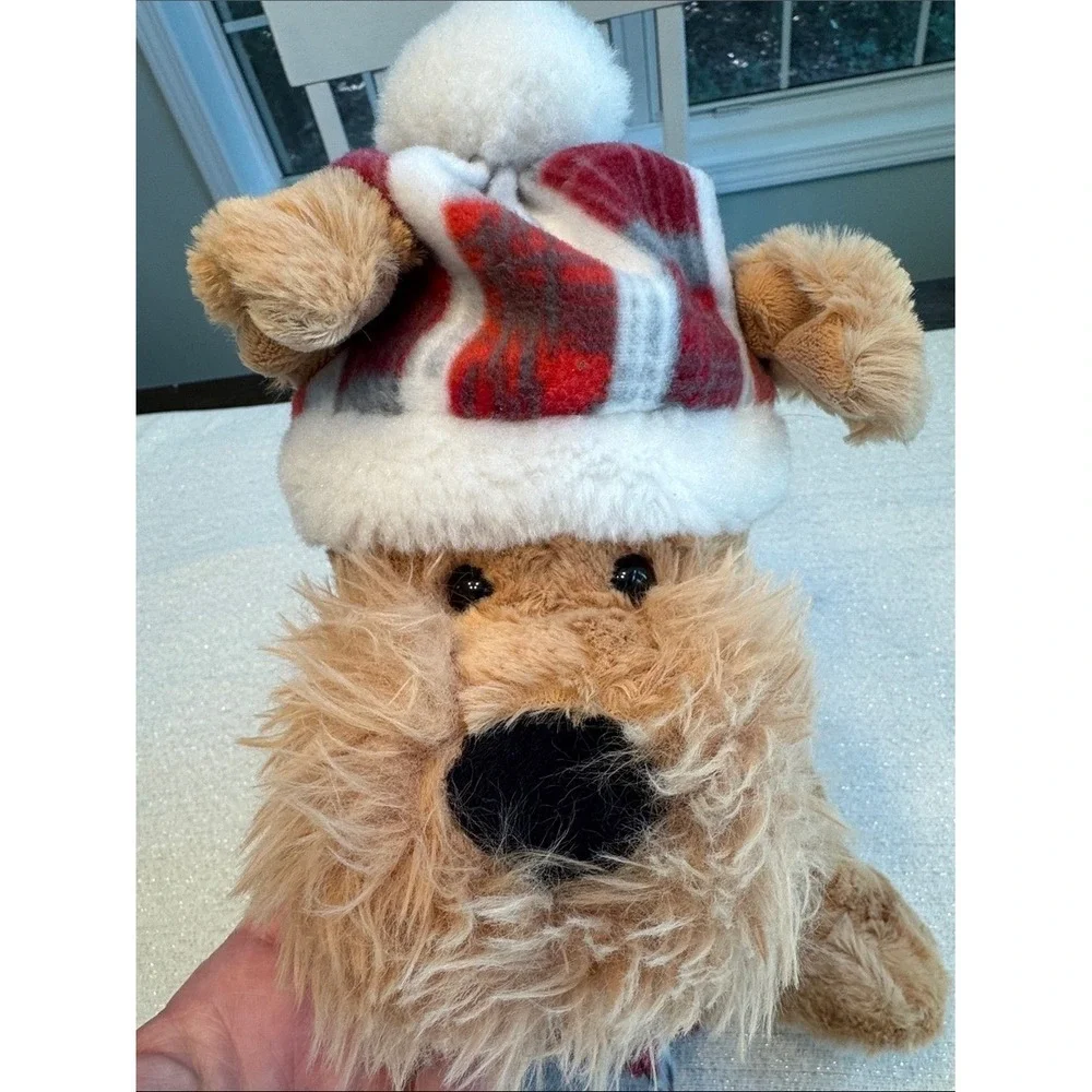 Gentle Treasures Tan Scruffy Puppy‎ Dog Plush Holiday Plaid Hat Scarf 13